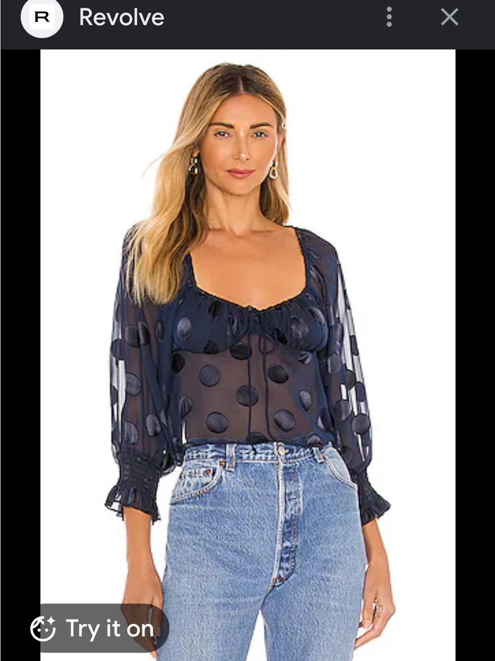 Reformation Navy Sheer Polka Dot Tie-Front Blouse